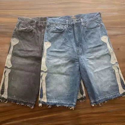 Y2k Retro Harajuku Denim Shorts Women's Washed Patchwork Tassel American Retro Jeans Men's Loose Hip-hop Bone Denim Shorts 2025