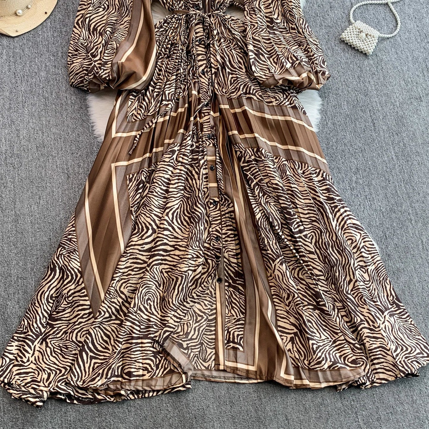 Ele Printed round Ne Lantern Sve Dr Women's Single Button Waist Cinch Maxi Skirt Long Dr Commute Sle Autumn