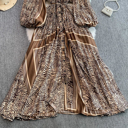 Ele Printed round Ne Lantern Sve Dr Women's Single Button Waist Cinch Maxi Skirt Long Dr Commute Sle Autumn