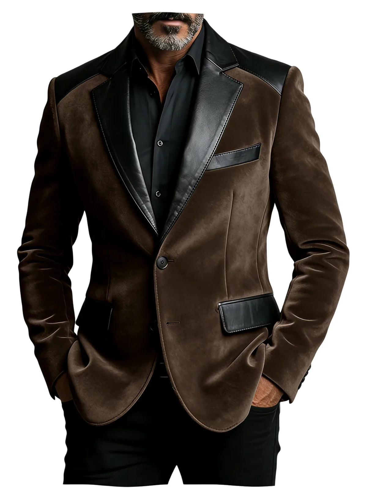 Men's Camel Velvet Blazer with Leather Patchwork Slim Fit Formal Casual Tuxedo Jacket Two-Tone Business Suit Coat