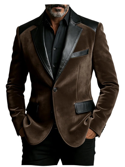 Men's Camel Velvet Blazer with Leather Patchwork Slim Fit Formal Casual Tuxedo Jacket Two-Tone Business Suit Coat