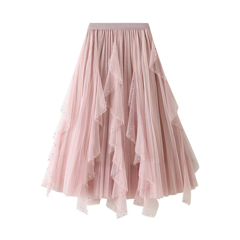 Women's Lotus Leaf Edge A Line Fairy Elastic Waist Tulle Skirt Midi High Waist Mesh Dress Solid Color Irregular Yarn Skirt D8808