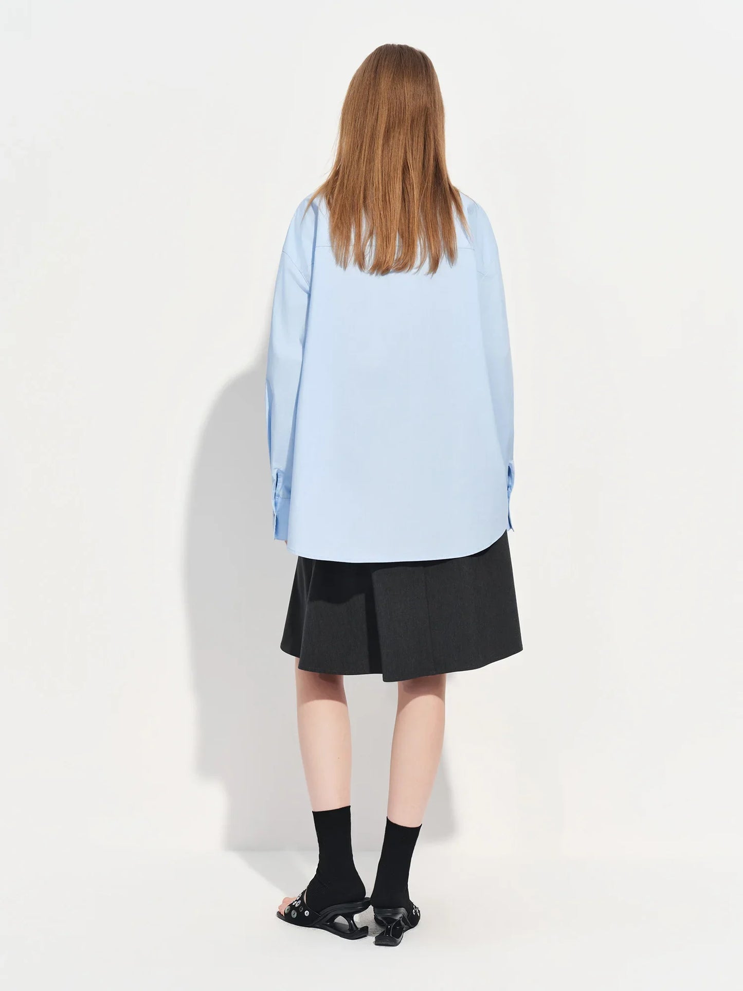Women's French Loose Fit Cotton Shirt Long Sleeve Layering Top with Web Strap Detail Casual Oversized Blouse
