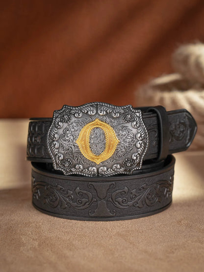 Western Cowboy PU Leather Belt - Men Waist Strap Bull Decoration Floral Engraved for Jeans