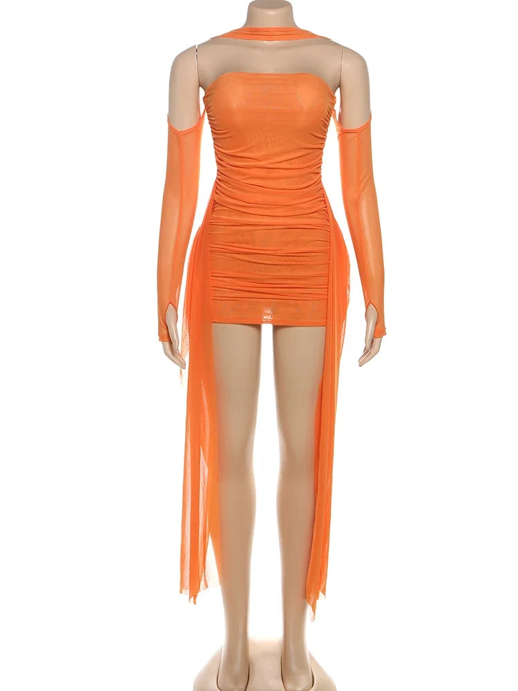 Summer Vacation Sexy See Through Dress+Shawl Women Ruched Side Ribbon Coquette Skinny Midnight Clubwear Party Bodycon