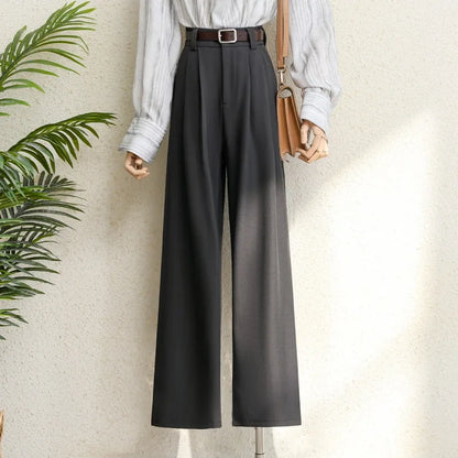 2026 New Burgundy Suits Pants for Women Office Lady Elegant High Waist Wide Leg Fashion Trousers with Pockets Black Gray