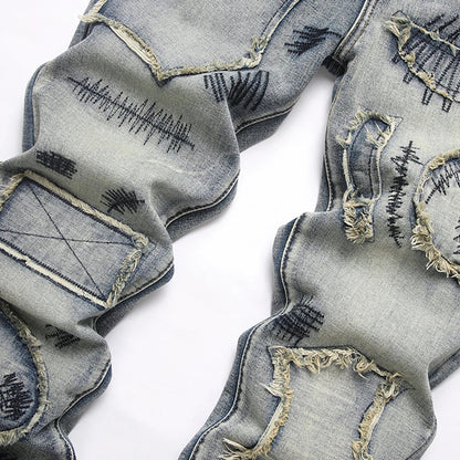 Men's Boot Cut Jeans Streetwear Patches Released Hem Pants Vintage Blue Embroidery Patchwork Flared Trousers