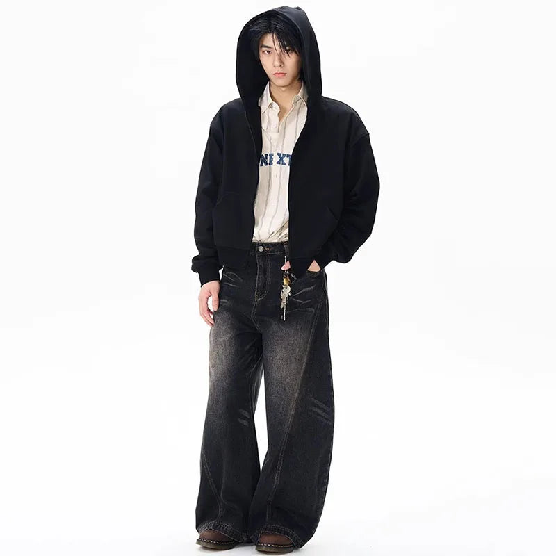 Spring New Men'S Jeans Wide Leg Pants Loose Machete Jeans Vintage Lightning Cracked Denim Trousers