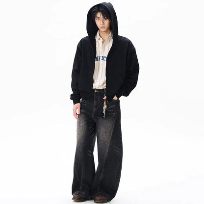 Spring New Men'S Jeans Wide Leg Pants Loose Machete Jeans Vintage Lightning Cracked Denim Trousers