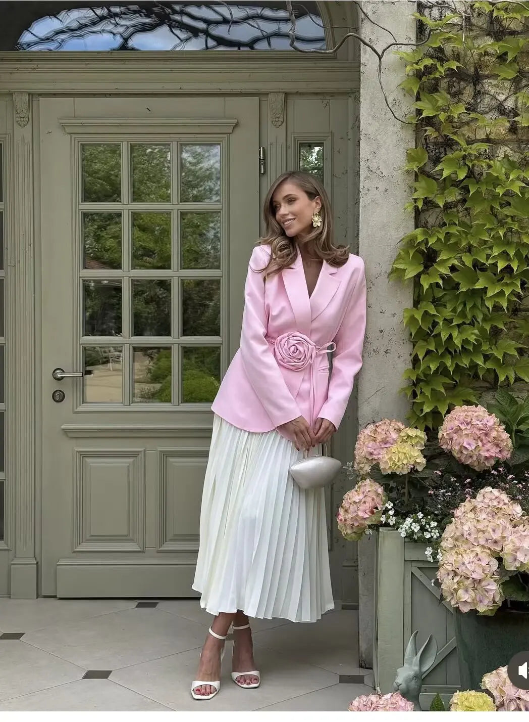 Women Notched Lapel Blazer with Floral Rose Belt Waist Tie Slim Long Sleeve Suit Jacket