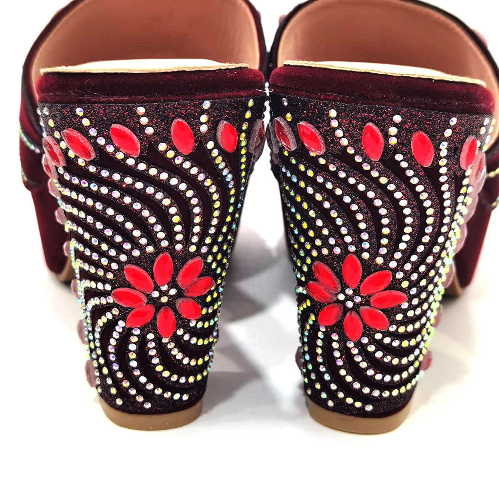 2023 The Latest Italian Design Rotary Rhine-Diamond Floral Thick Heel Platform Women's Comfortable Shoes Bag and Shoe Set