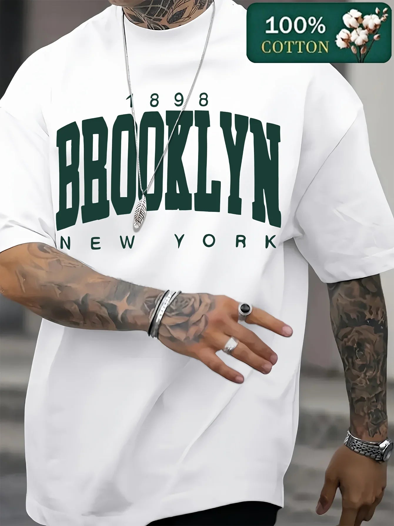 Men's Summer 100% Cotton Fashion 1898 Brooklyn New York Loose Casual Sports Round Neck Short Sleeve T-shirt Versatile Top