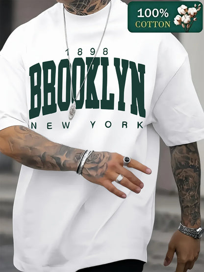 Men's Summer 100% Cotton Fashion 1898 Brooklyn New York Loose Casual Sports Round Neck Short Sleeve T-shirt Versatile Top