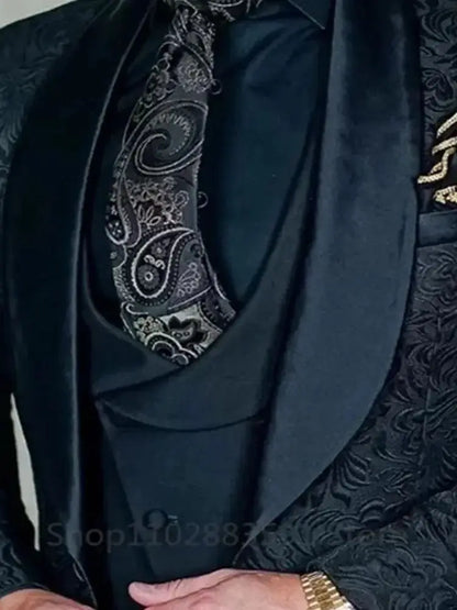 3 Pieces Black Jacquard Wedding  Party Tuxedo For Groom Wedding Shawl Lapel Slim Fit Mens Suits Male Waistcoat Vest Pants