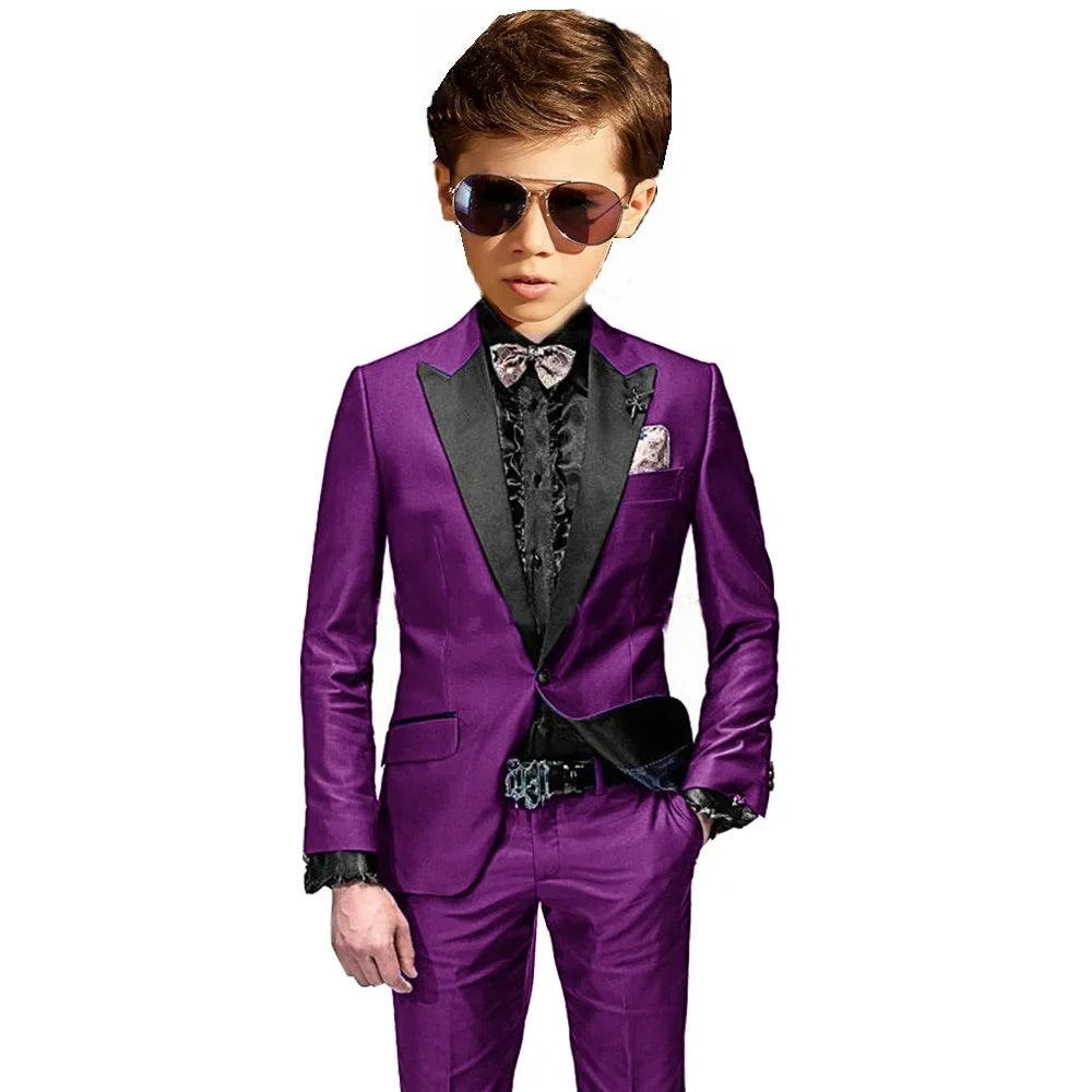 Burgundy Boys Slim Fit Tuxedo 2 Pieces Jacket Pants Formal Party Outfit One Button Peak Lapel Kids Suit Set Wedding Guest Wear