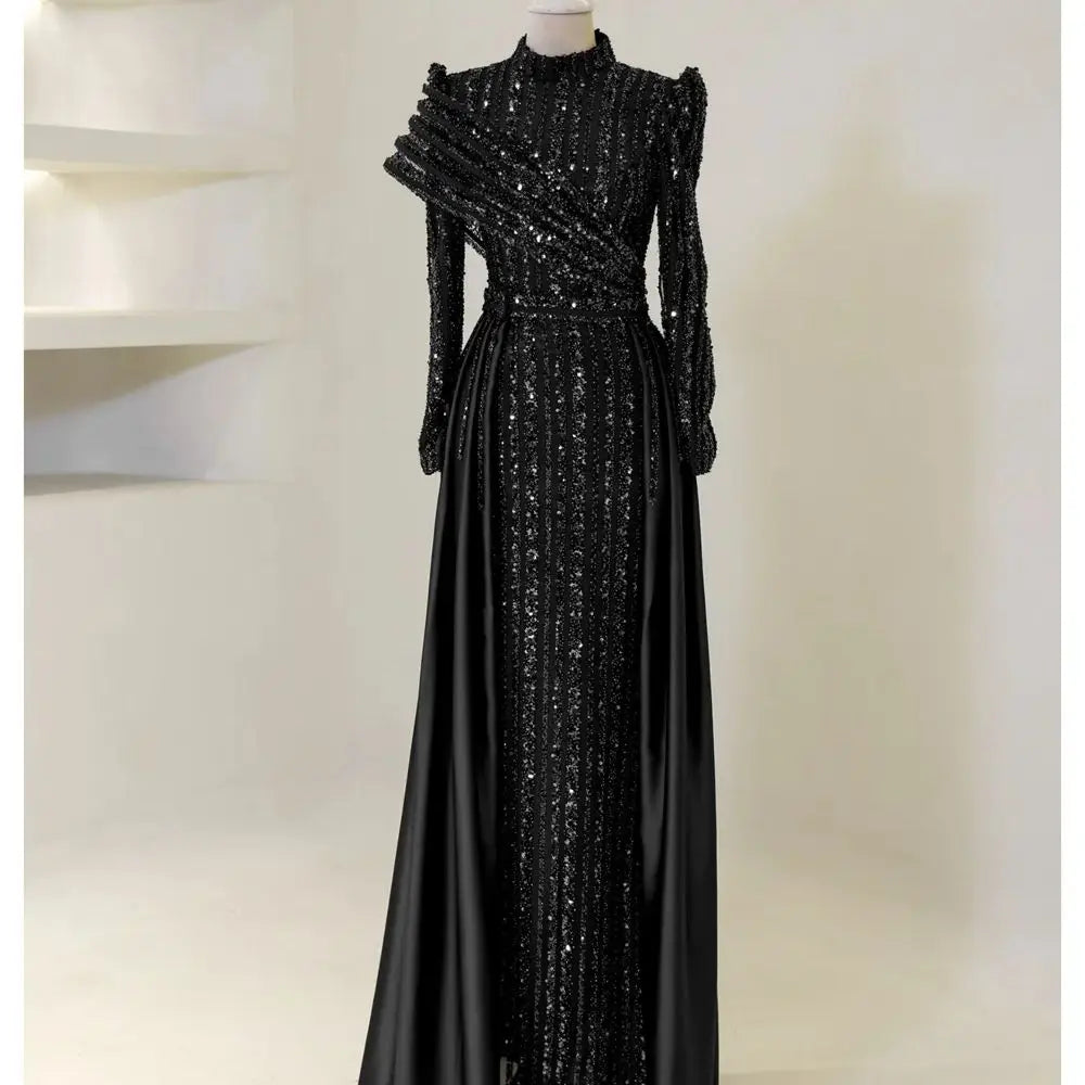 Contessa Dubai Customized A-Line Prom Dresses Elegant Long Sleeve vestidos de noche Glitter Beaded hemline Formal Evening 2025