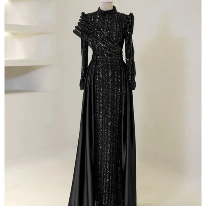 Contessa Dubai Customized A-Line Prom Dresses Elegant Long Sleeve vestidos de noche Glitter Beaded hemline Formal Evening 2025