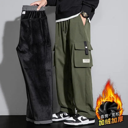 2026 Cargo Pants Men Straight Fit Wide Leg Fleece Lined Trouser Male Winter Fashion Loose Baggy Large Plus Size Warm Streetwear