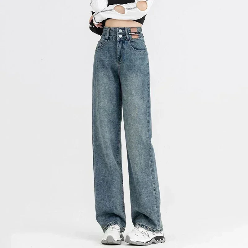 New Woman Korean Double Buckle Design Jeans Female Winter Snow Warm Thermal Plush Pants Girls Popular High Waist Denim Trousers