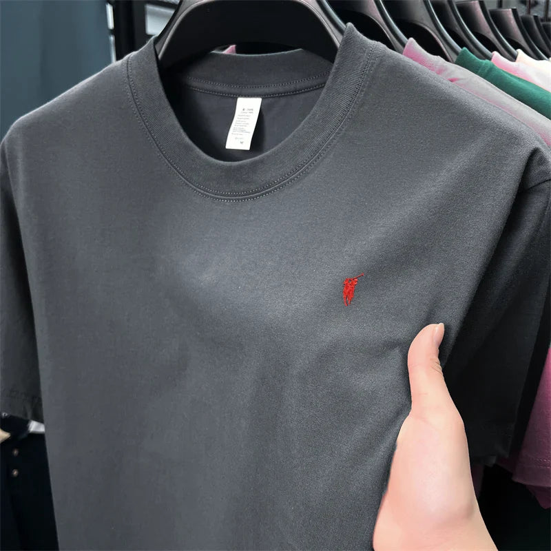 Xiaoma Embroidery Casual Pure Cotton Short Sleeved T-shirt for Young Men, Round Neck Solid Color T-shirt for Men