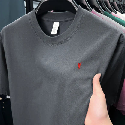 Xiaoma Embroidery Casual Pure Cotton Short Sleeved T-shirt for Young Men, Round Neck Solid Color T-shirt for Men