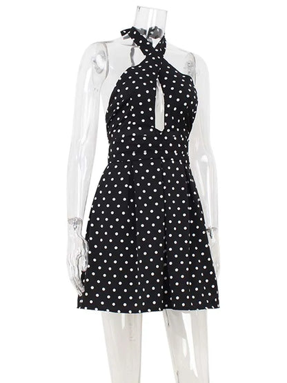 Hollow Out Backless Halter Lace-up Outfits Sheath Women Dresses A-Line Fashion Dot Prints Elegant Female Bodycon Sexy