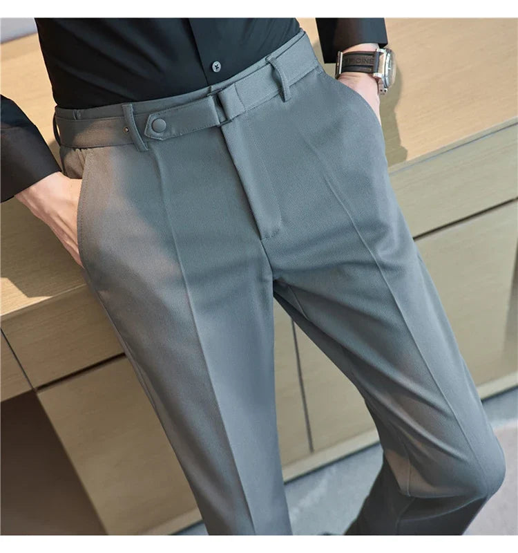 Fashion Belt Decoration Design Men's Suit Pants High Quality Business Slim Fit Casual Straight Formal Wedding Party Trousers
