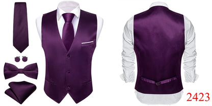 Elegant Silk Vest for Men Wedding Solid Gold Green Pink Purple Red Waistcoat Tie Bowtie Set Sleeveless Jacket Suit Barry Wang