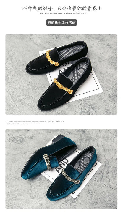 British Style Men Loafers Fashionable Classic Suede Deerskin Casual Dress Brooch Twisted Personality Small Leather Shoes 38-48
