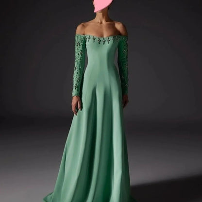 Customized Green Glitter Off The Shoulder Prom Dresses Long Sleeves فساتين للمناسبات الخاصة Strapless vestidos de festa
