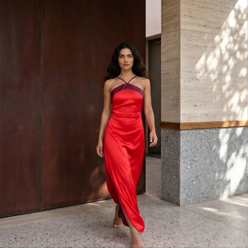 Fashion Color Block Spaghetti Strap Maxi Dress Women Elegant Halter Scarf  High Split Slim Vestidos 2026 New Daily Party Robes