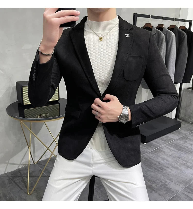 Deerskin Leather Jacket Blazer Men Casual Slim Fit Blazer Hombre Suit Leather Jacket Men Terno Masculino Men Clothing 6 Color