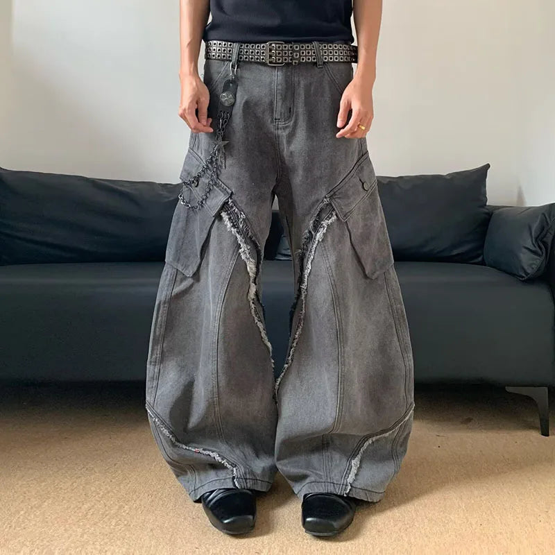 Autumn/Winter Korean Vintage Splicing Hairy Zipper Micro Horn Jeans Men's Loose Straight Leg Pants Fashion High Street Jeans
