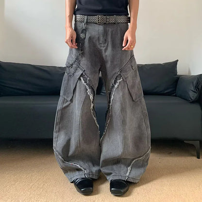 Autumn/Winter Korean Vintage Splicing Hairy Zipper Micro Horn Jeans Men's Loose Straight Leg Pants Fashion High Street Jeans