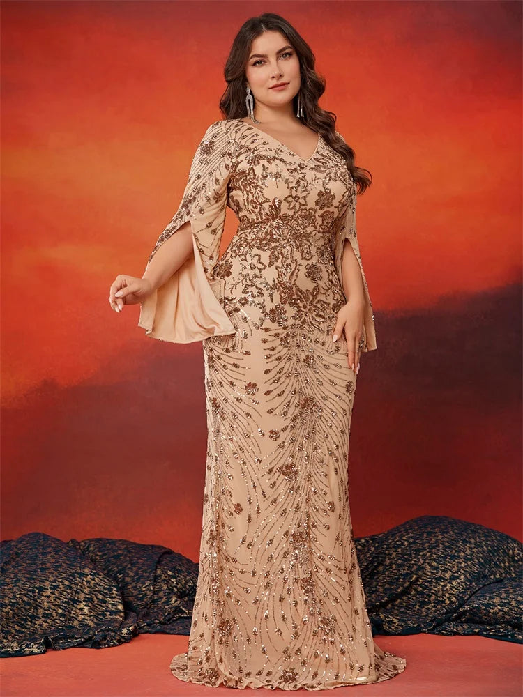 Plus Size Luxury Gold Evening Dresses Women 2024 Long Sleeve Mermaid Formal Sequins Prom Wedding Party Cocktail Gowns