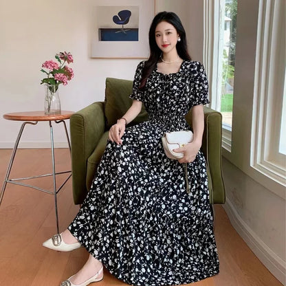 Summer New Cotton Silk Floral Print Maxi Dr ort Sve Beachwear High Waist Young Women's Large Skirt Swing Dr