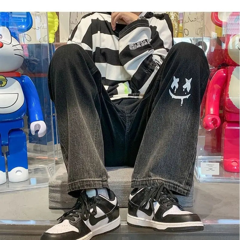 Harajuku Smile Print Baggy Pants Men Streetwear Wide Leg Oversize Jeans Vintage Y2k Straight Long Trousers Male 2024 Fashion
