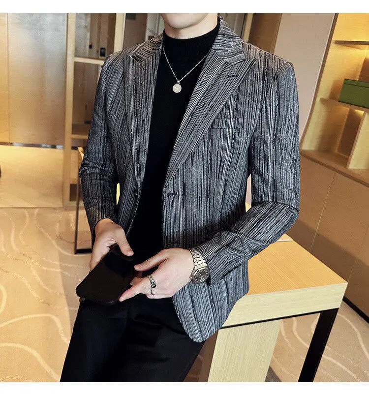 Fashion Meteor Line Checkered Elegant Suit Jacket Men Fashion De Luxe Business Slim Fit Single Breasted Social Party Dress Coats