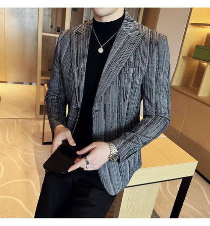 Fashion Meteor Line Checkered Elegant Suit Jacket Men Fashion De Luxe Business Slim Fit Single Breasted Social Party Dress Coats