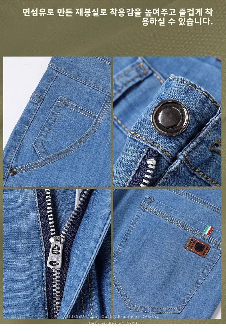Summer Thin Men's Elastic Cotton Jeans Fashion Business Straight Casual Denim Pants Male Work Clothes Slim Trousers Plus Size 40