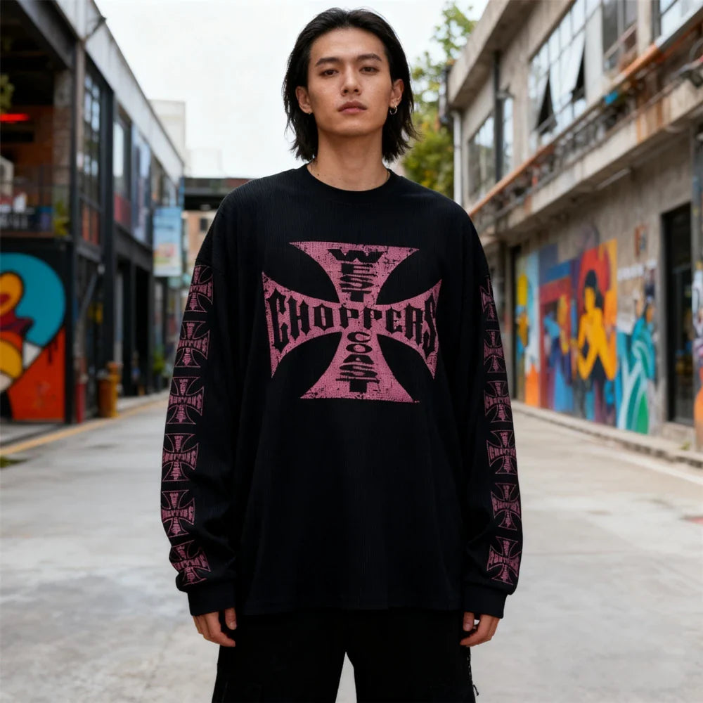 American Style Streetwear Quality Waffle Fabric Printed Tops Oversized Long Sleeves Tee 100%Cotton Vintage T Shirt Men Woman