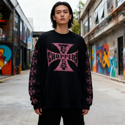 American Style Streetwear Quality Waffle Fabric Printed Tops Oversized Long Sleeves Tee 100%Cotton Vintage T Shirt Men Woman