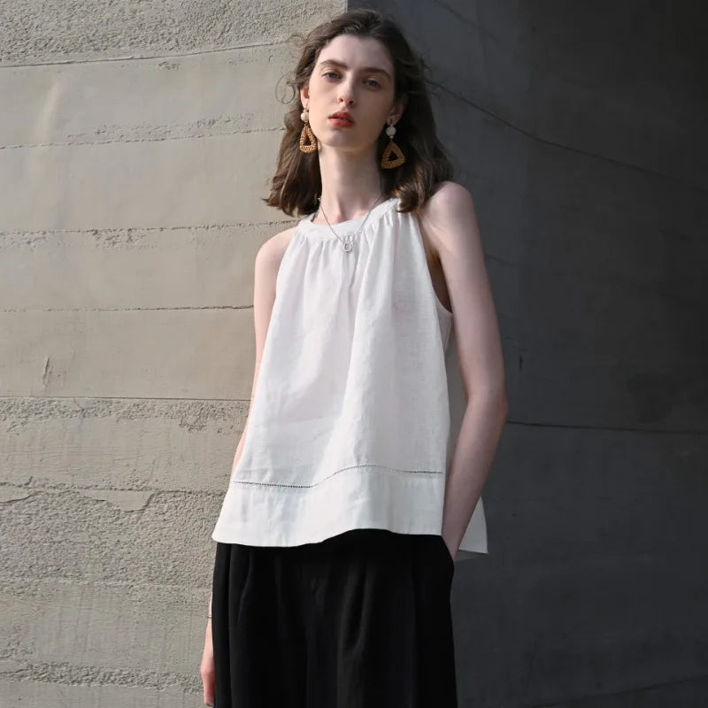 100% Linen Halter Tops Women 2026 Summer New Round Neck Sleeveless Tank Top French Office Ladies Loose Camisoles
