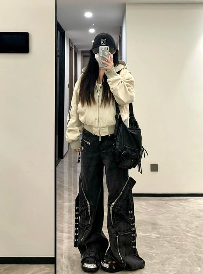 Black Gothic Punk Multi-Pocket Zipper Black Jeans Men And Women Y2K American Baggy Fashion Vintage Casual Loose Wide-Leg Jeans