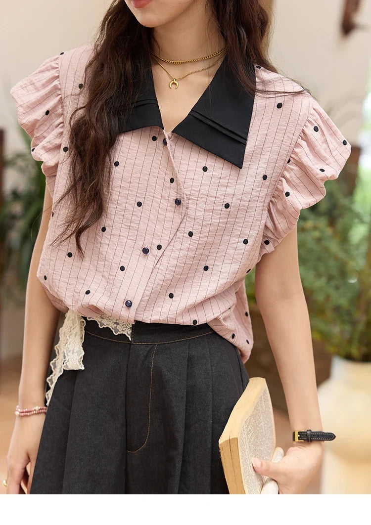 Summer Office Lady Blouses Women 2025 Short Sleeve Turn-down Collar Polka Dot Shirts Female Fashion Slim Tops MXE31C0776