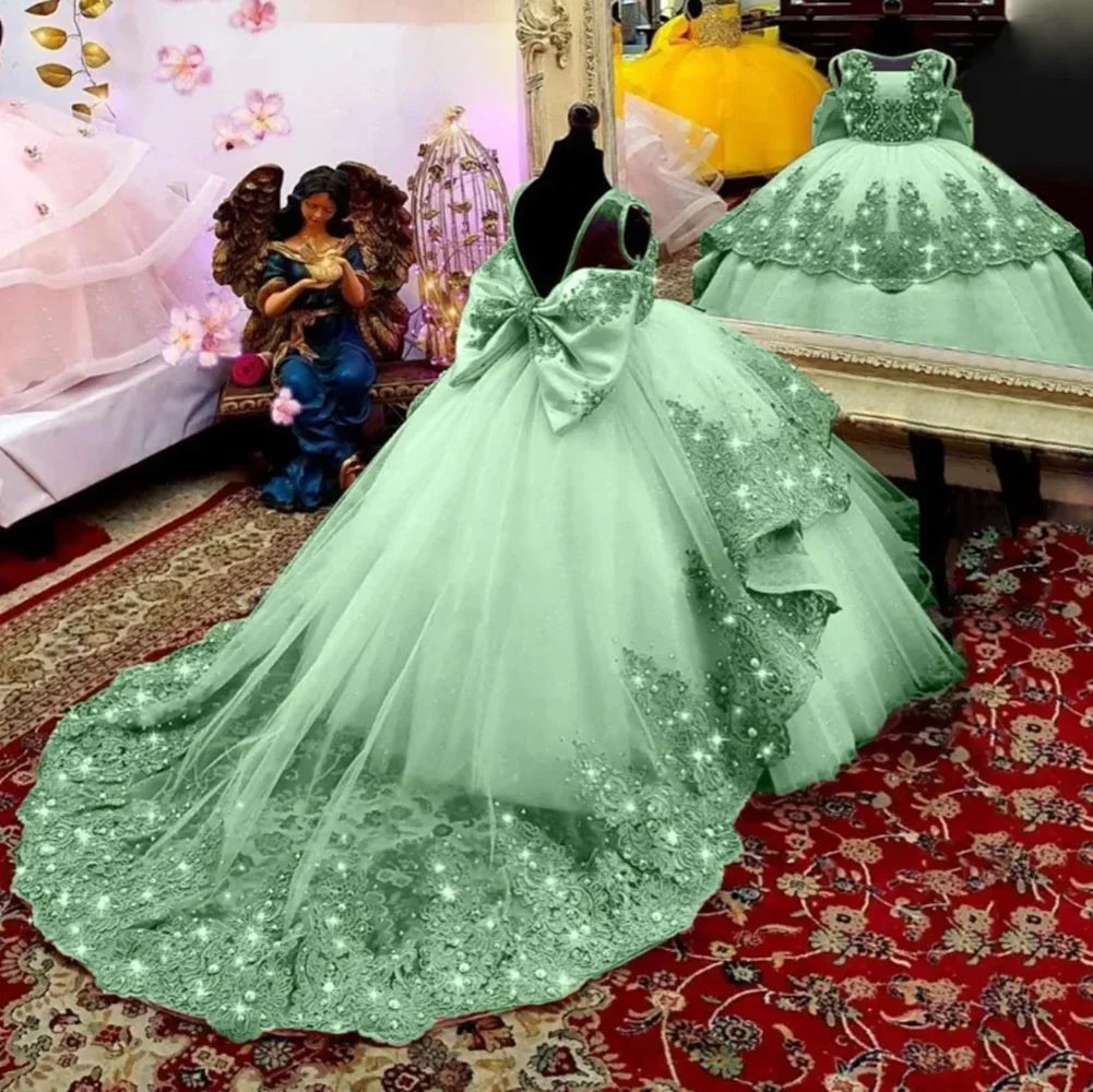 Custom Flower Girl Dress First Christmas Dress Wedding Party Gown Mint Green Lace Beaded Train Kids Evening Dress فساتين