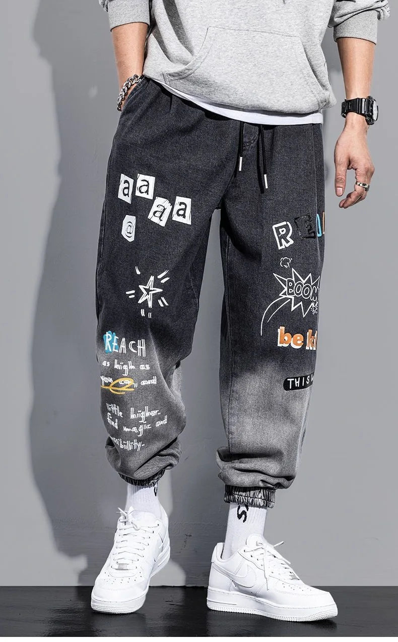 Printing Jeans Men's Gradient Hip Hop Trousers Harem Cartoon Loose Casual Ankle Banded Pants Cargo Denim Jeans Fashion