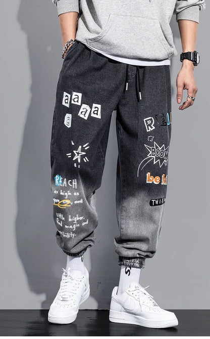 Printing Jeans Men's Gradient Hip Hop Trousers Harem Cartoon Loose Casual Ankle Banded Pants Cargo Denim Jeans Fashion