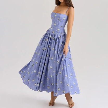 Summer Floral Print Dress Elegant 2025 New Arrivals Spaghetti Strap Flare Dress Maxi Holiday Party Dresses Women