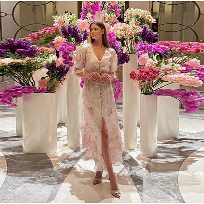 V-neck Organza Floral Chiffon Puff Sleeve Slit Long Dress Bodycon High Slit Bodycon Sexy Dresses Lady Chic Daily Sweet Date Robe